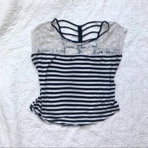 Crew Neck Striped Crop Top Lace Neckline Size S